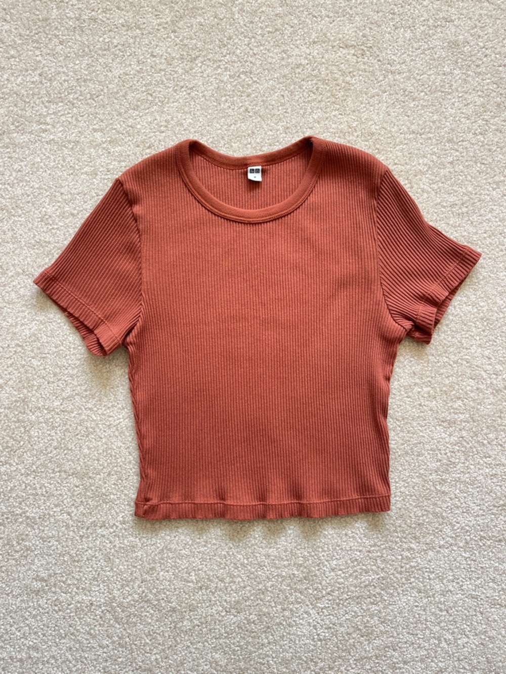 UNIQLO Ribbed Cotton, Crew Neck Tee in Burnt Orange, Terracotta, Medium, Cropped